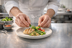 Chef preparing elegant dish with grilled chicken and vegetables, a Photo by Dvoevnore photos