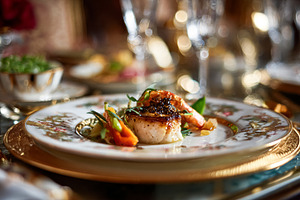 Gourmet seafood plating featuring scallops and shrimp with cavia, a Food & Drink Photo by Studio ANNA