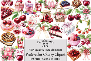 Watercolor Cherry Clipart, a Seasonal Illustration by CitraGraphics