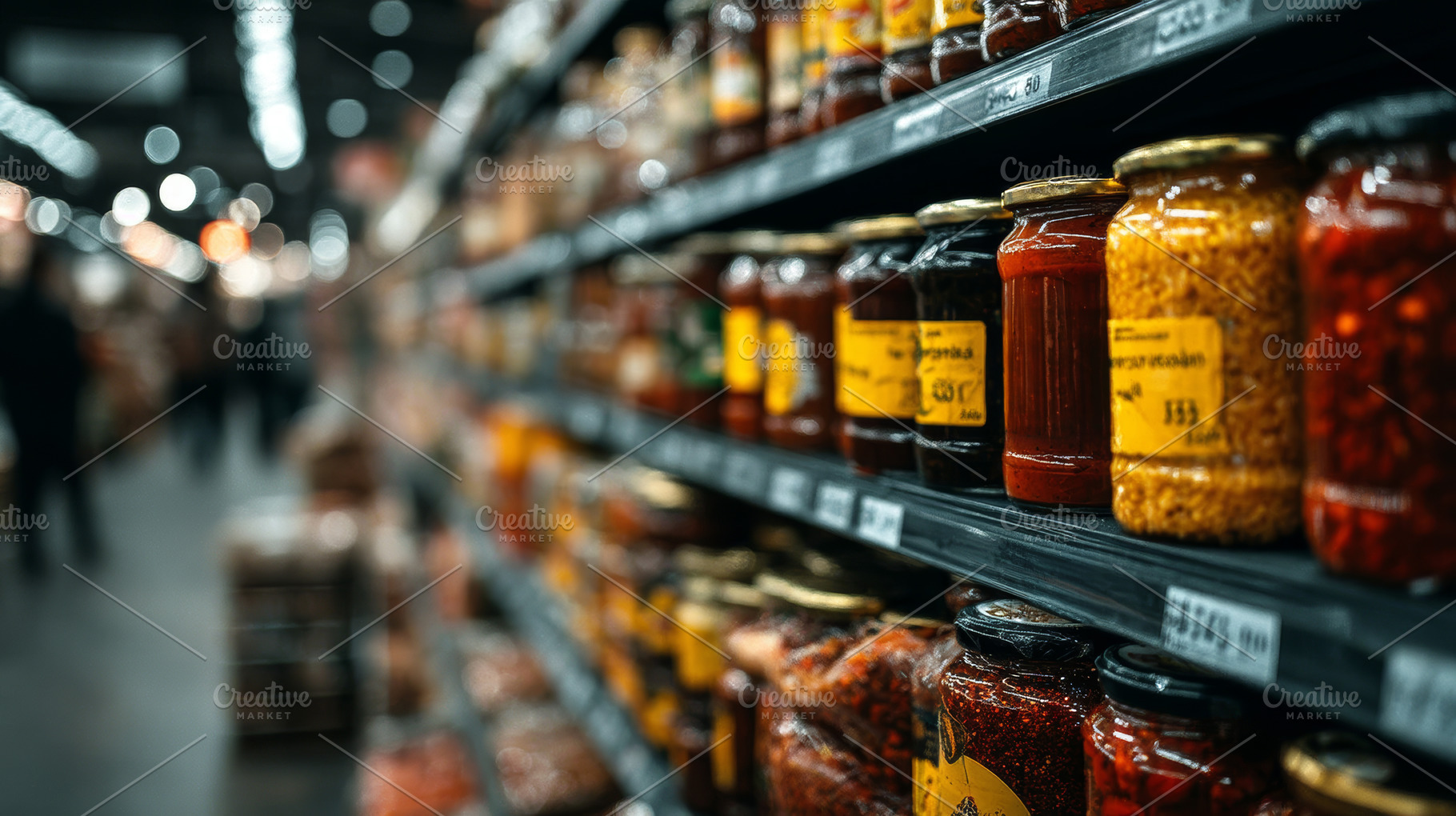 Close-up of jars and condiments on supermarket shelves in a busy grocery store, a Photo by AS photostudio