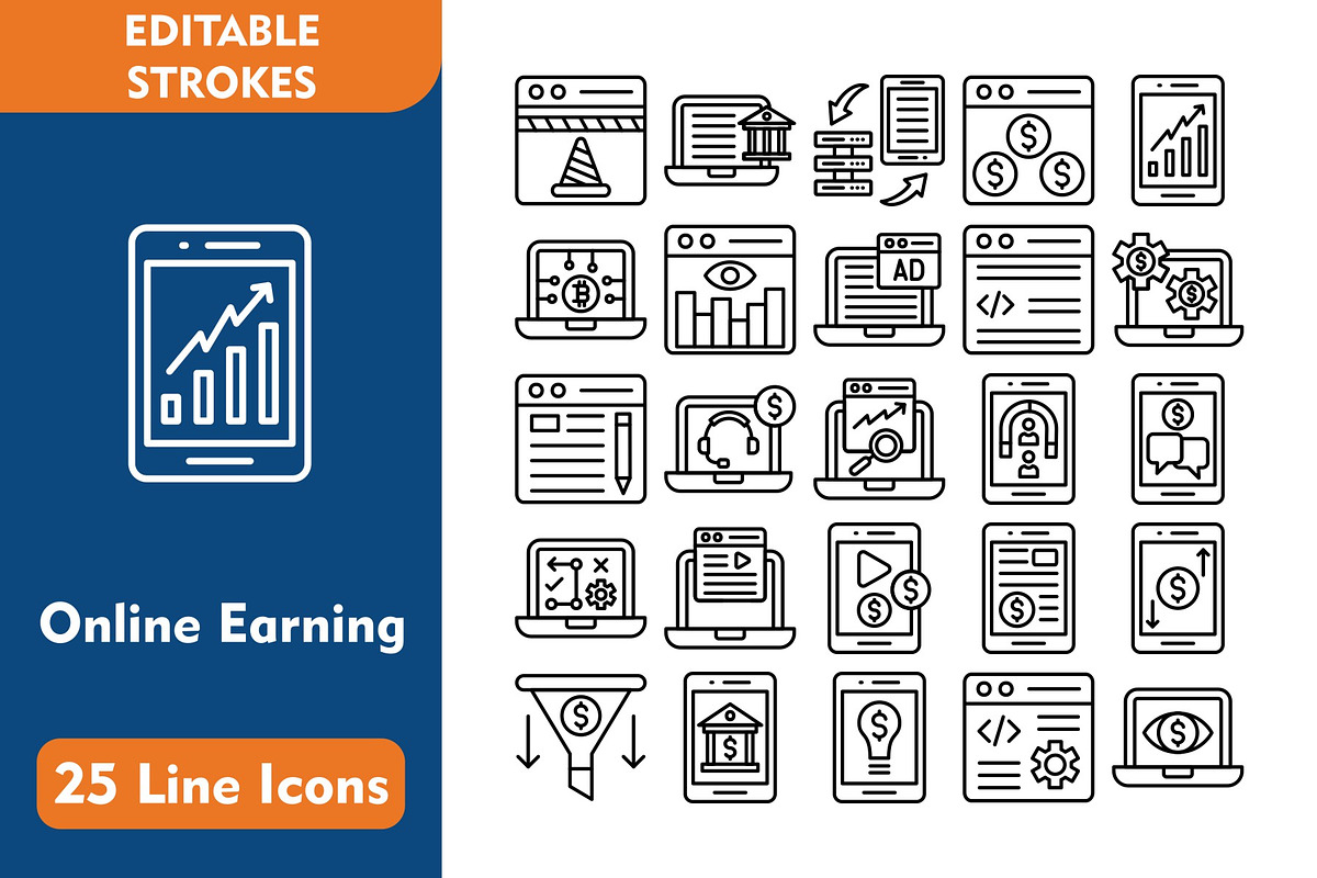 25 Online Earning Line Icons, an Icon by Pexelpy