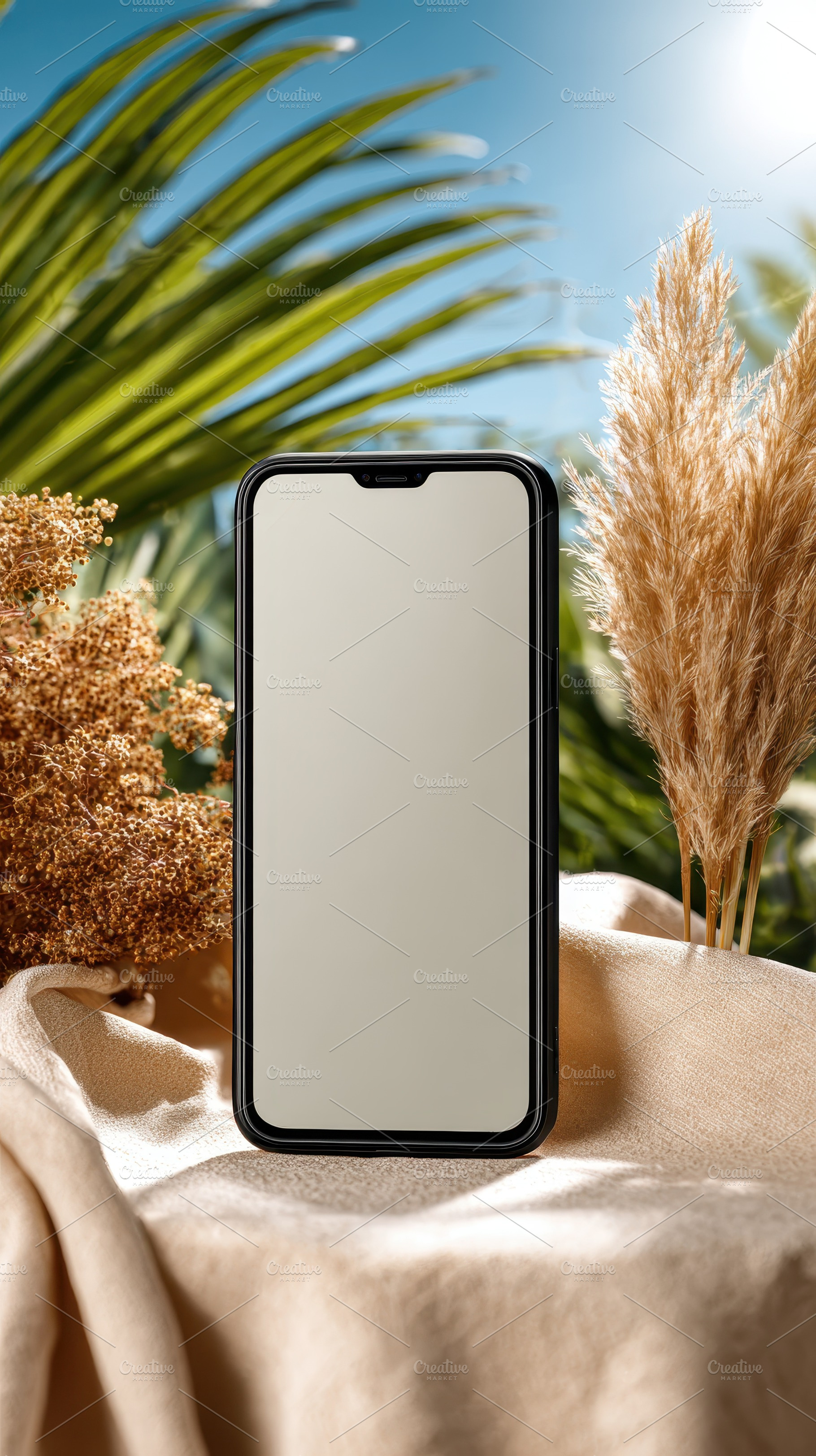 Smartphone Mockup Summer Theme Beige, a Photo by Pixeness Studio