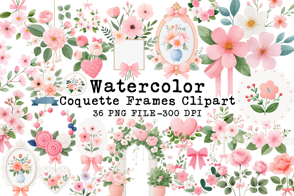 Coquette Floral Frames Clipart, an Illustration by Libby Wishes (Photo 1 of 7)