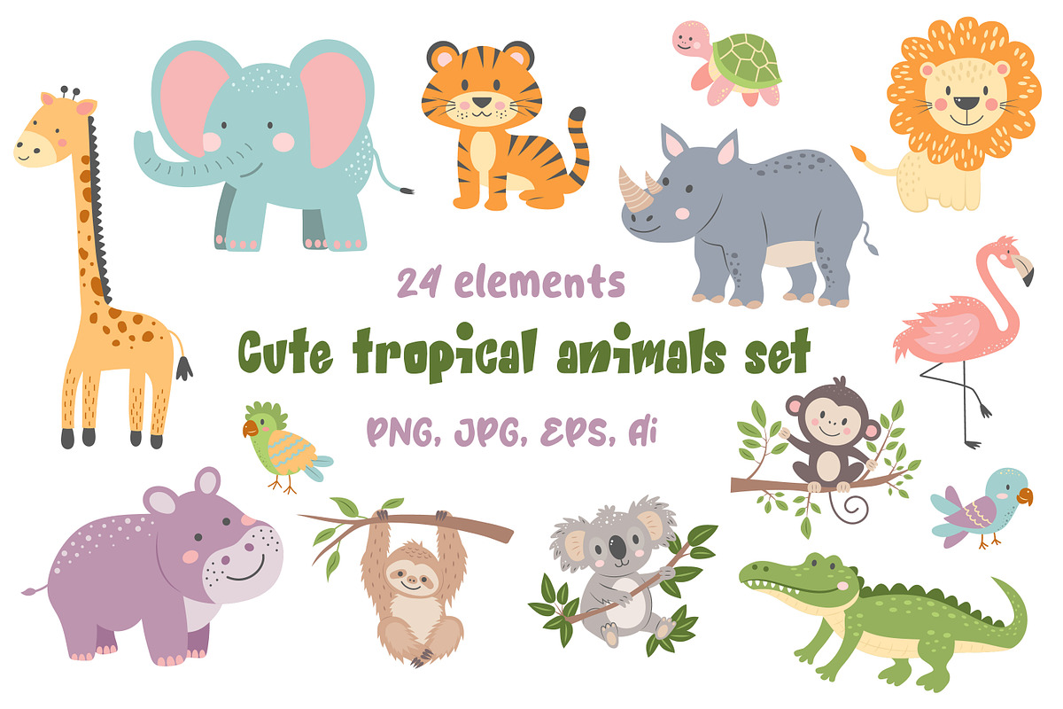 Cute tropical animals set, an Animal Illustration by JulyGart (Photo 1 of 6)