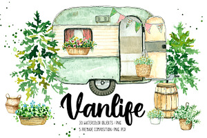 Vanlife. Watercolor illustrations.