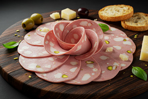 Sliced mortadella with pistachios ar, a Food & Drink Photo by professorinc