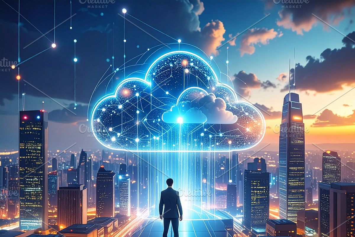 Human looking a big AI-driven cloud computing in the sky at futu, a Technology Illustration by DanFLCreativo