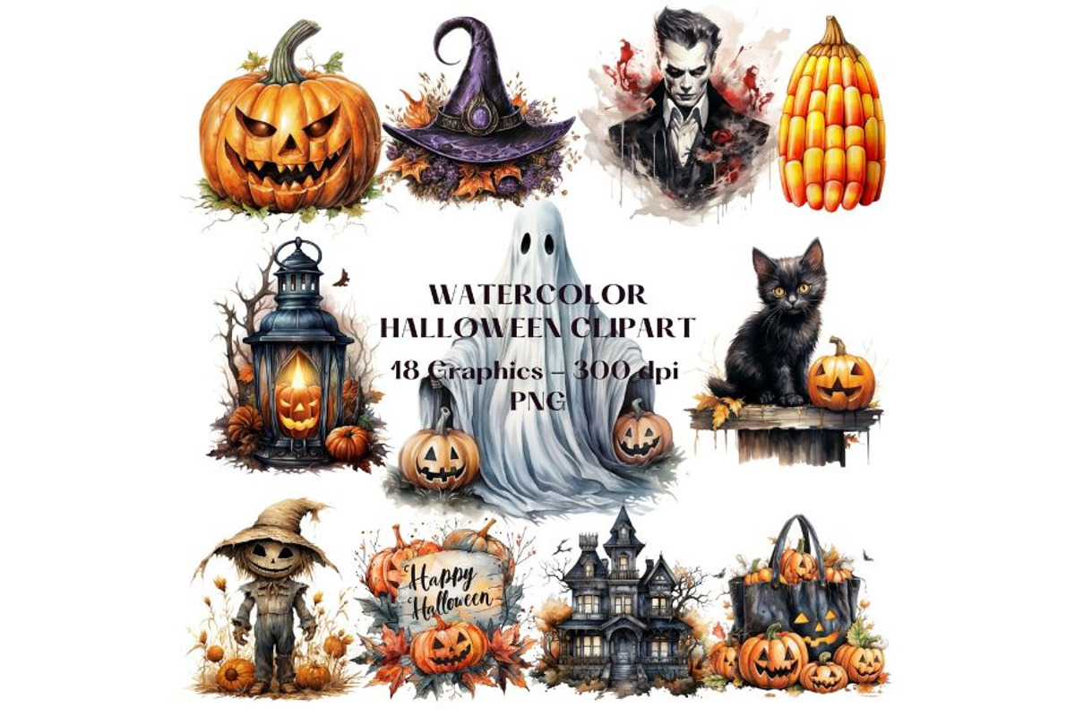 Watercolor Halloween Clipart, a Decorative Illustration by HoneyBunnyDigital (Photo 1 of 7)