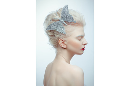 Beautiful albino girl with red lips featuring studio, makeup, and beauty