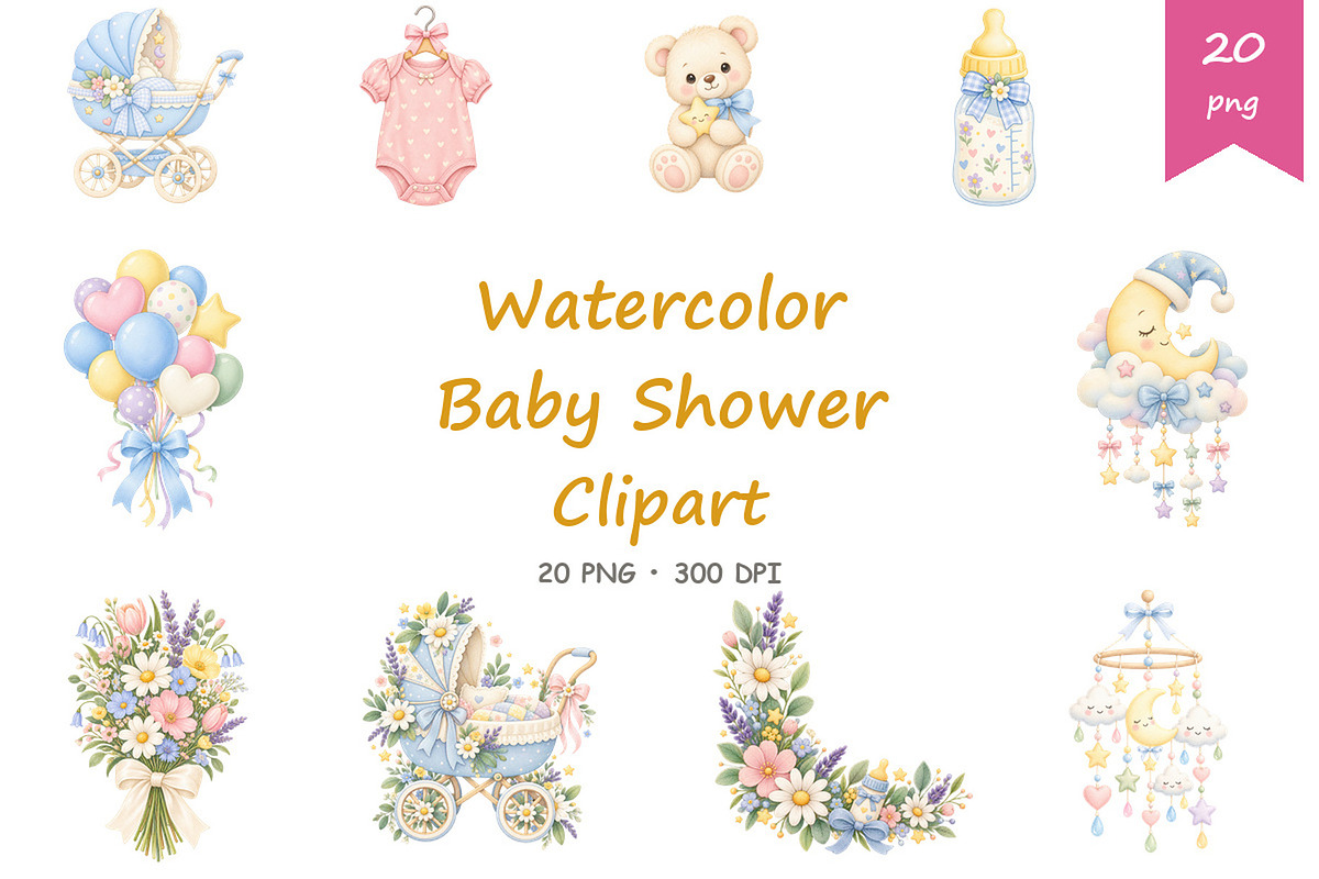Watercolor Baby Shower Clipart, a Decorative Illustration by BerryPieArt (Photo 1 of 4)