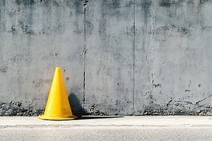 Bright yellow road cone stands against a grey concrete wall in an urban setting, an Industrial Photo by AlyaAnd