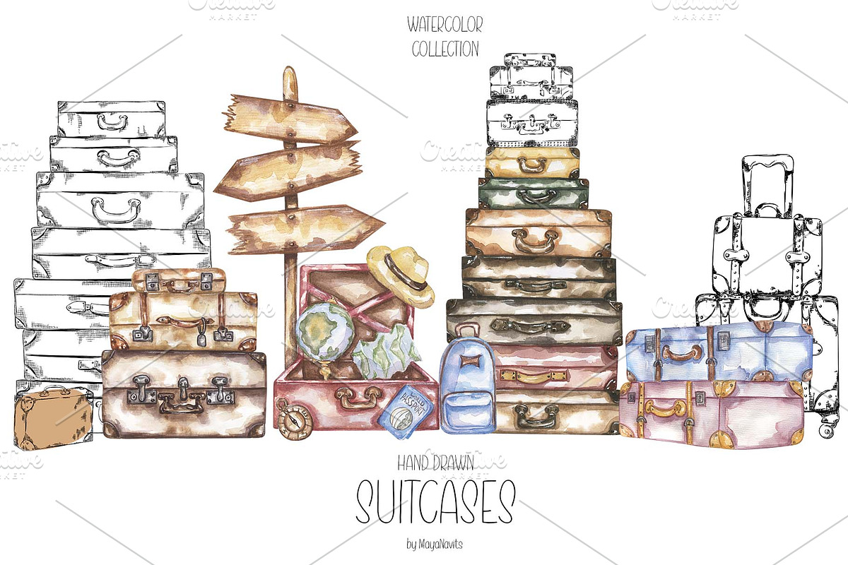 Watercolor Suitcases Collection, an Object Illustration by MayaNavits (Photo 1 of 6)