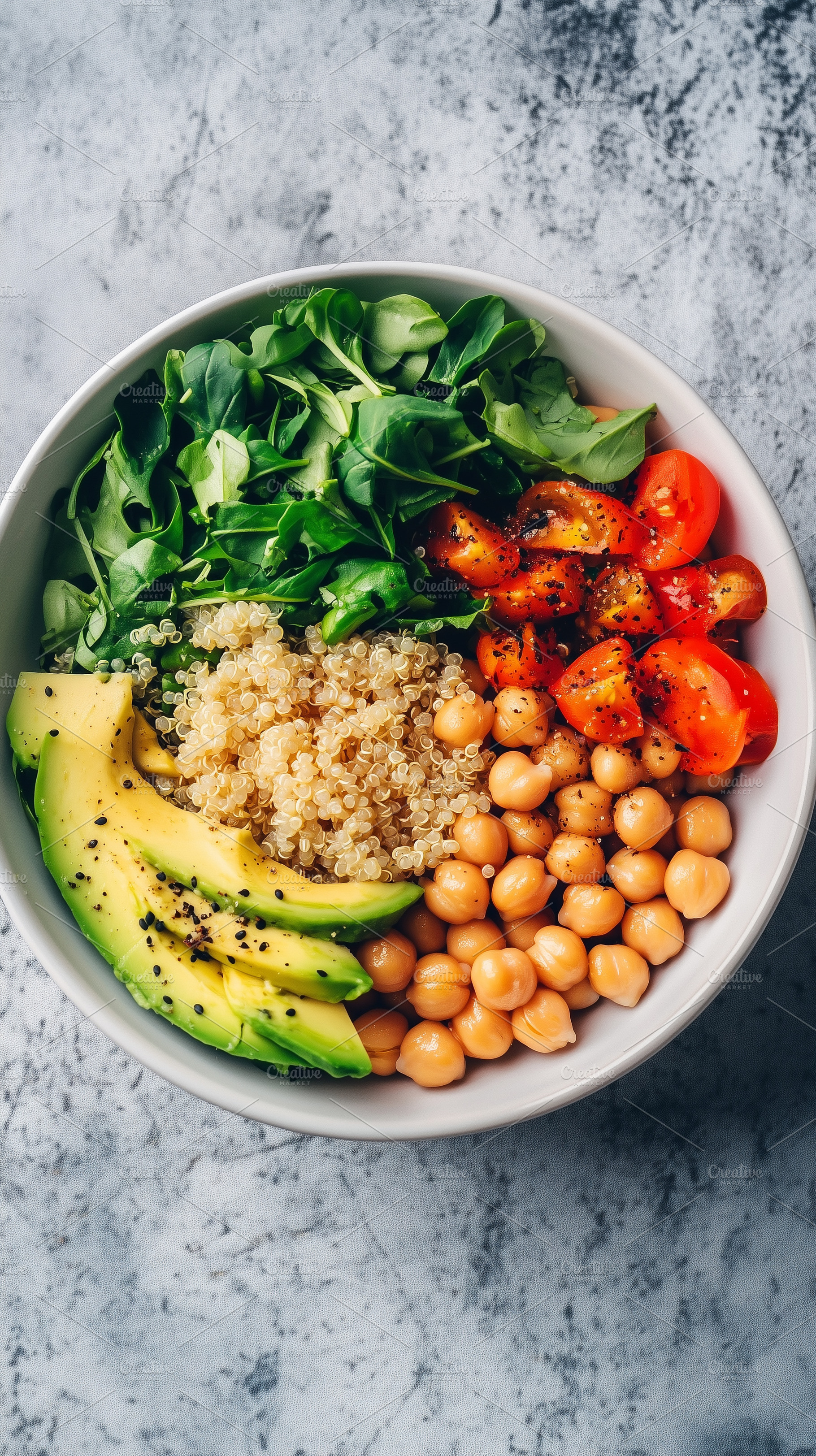 Top view on a vegan bowl with quinoa, a Food & Drink Photo by MistyDay