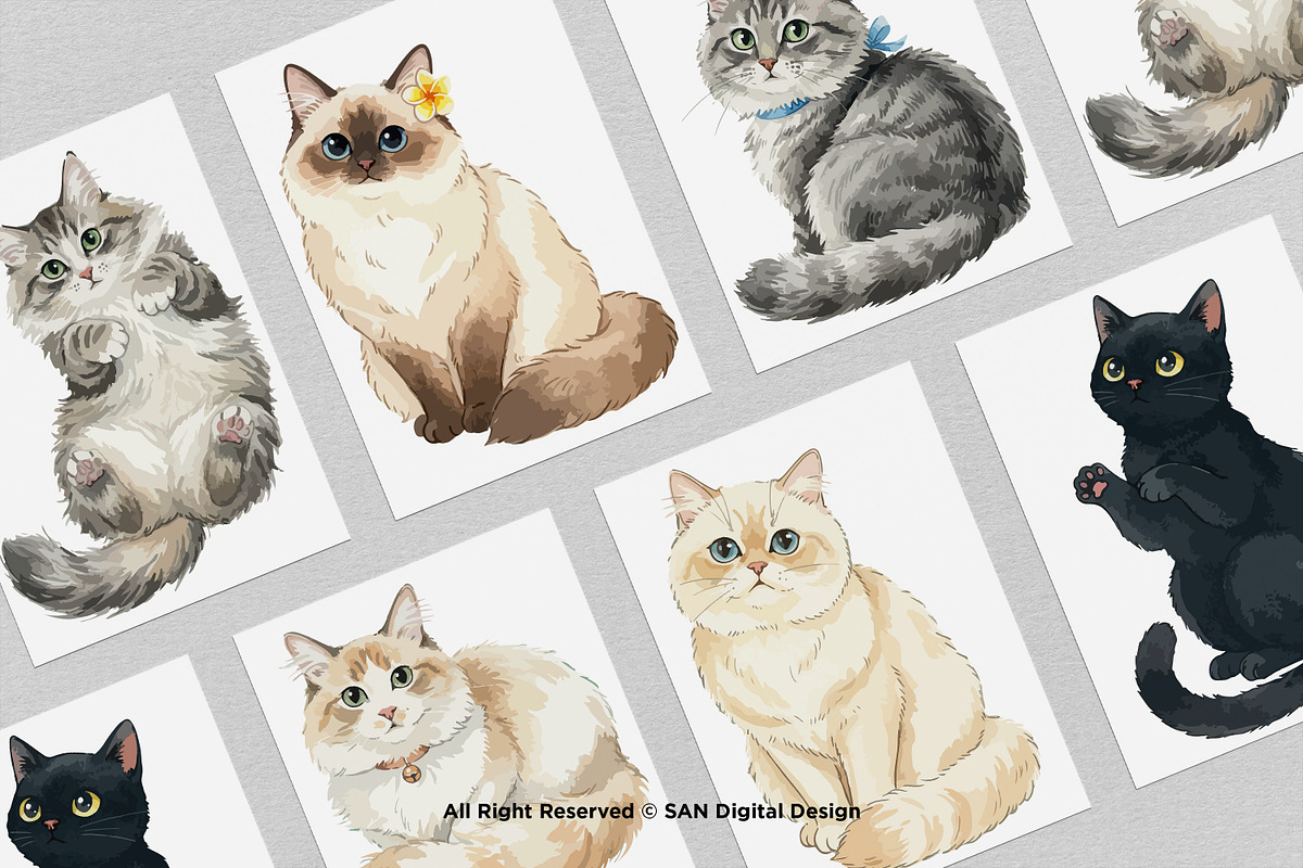 15 Bundle Watercolor Lazy Cats Kiten, an Animal Illustration by Morspective (Photo 3 of 8)