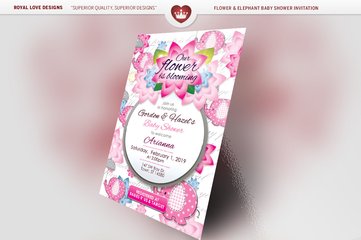 Flower & Elephant Baby Shower Set, an Invitation Template by Royallove (Photo 1 of 4)