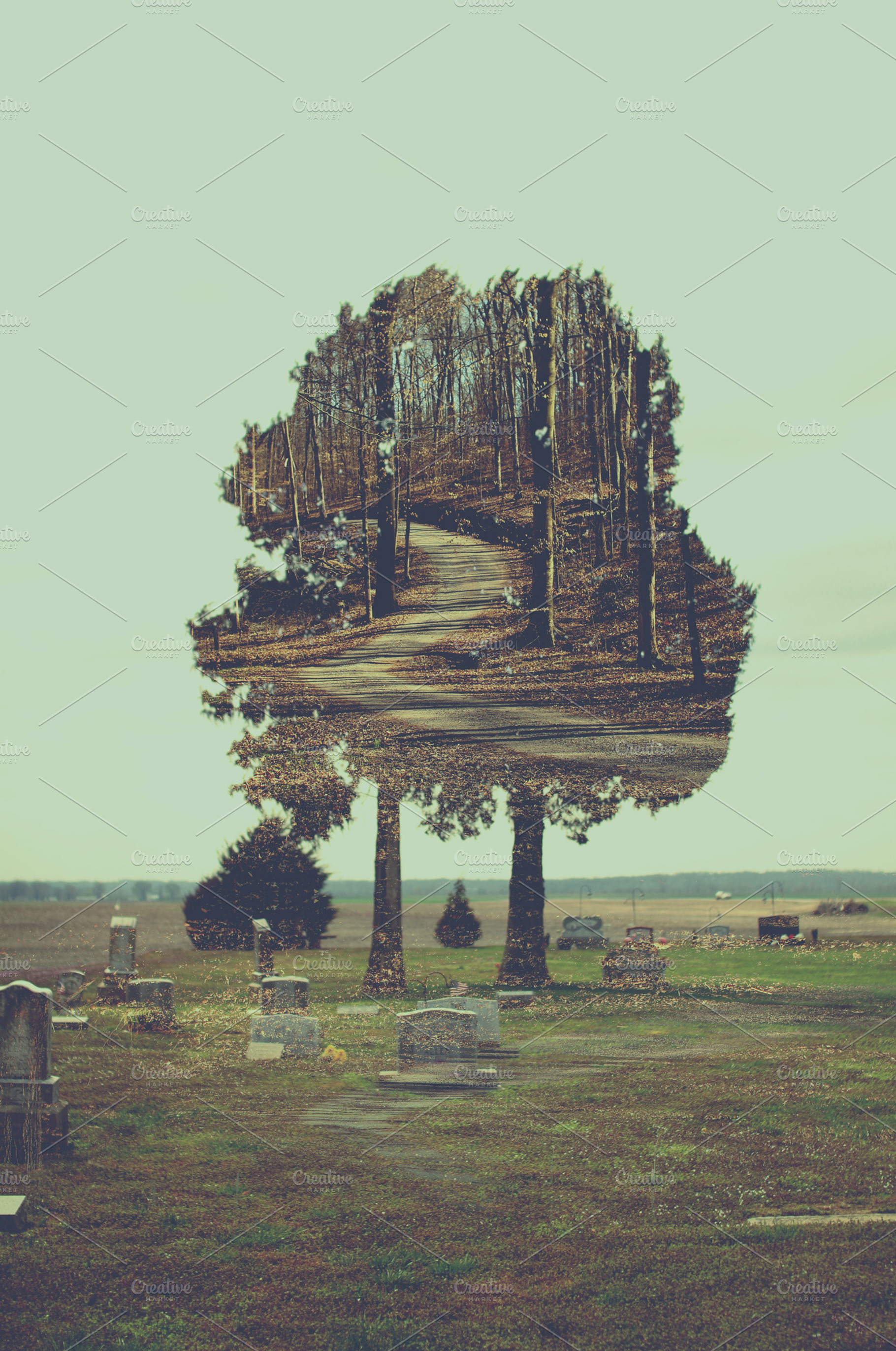 Eerie double exposure containing town, abandoned, and capitol