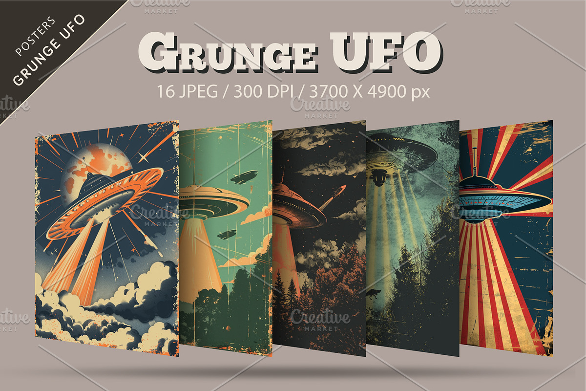 Grunge UFO posters. Retro Art., a Decorative Illustration by KENO Mascots (Photo 5 of 5)