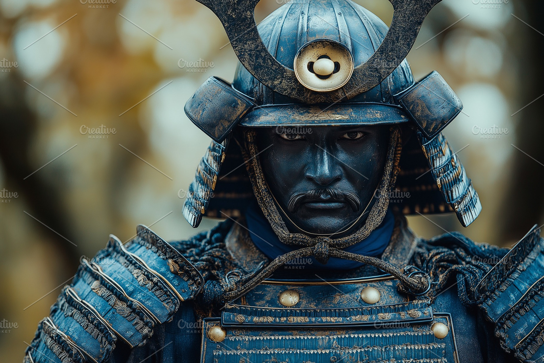 A male Asian warrior in a traditional blue samurai armor, displaying a fierce e, a Person Photo by ImageMir