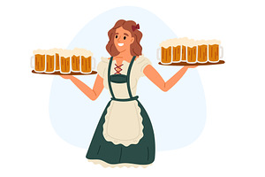 Young waitress holds glasses of beer, a Food Illustration by Vectorbuum