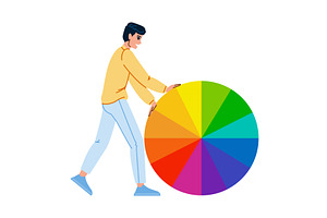 Designer pushing large color wheel, an Illustration by pikepicture