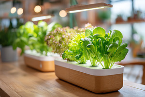Indoor hydroponic garden showcasing various types of leafy greens and modern li, a Food & Drink Photo by AlyaAnd