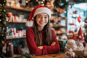 Young girl wearing Santa hat enjoys, a Photo by Tanuart