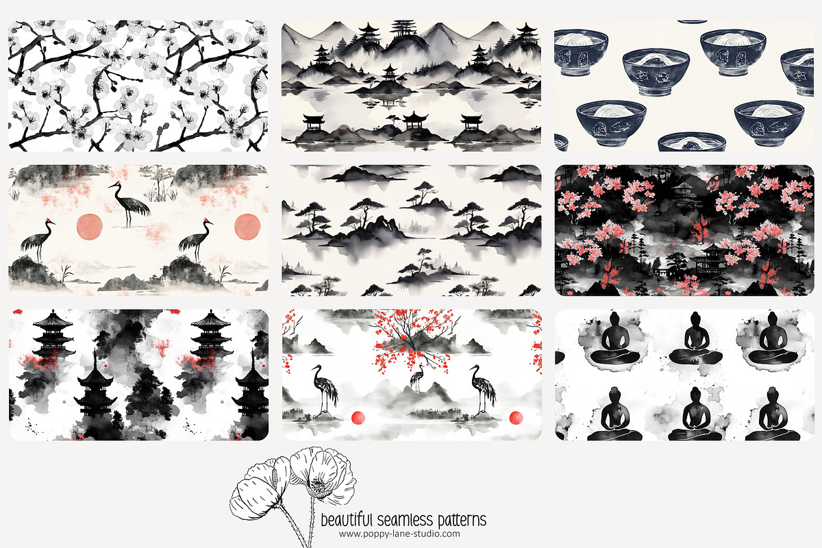 70 Asian ink wash seamless pattern, a Pattern Graphic by Poppy Lane Studio (Photo 9 of 10)