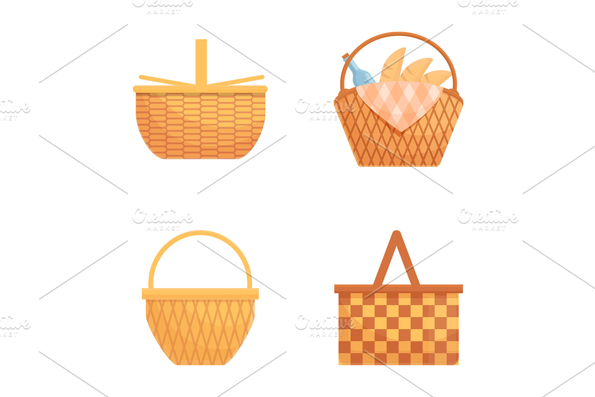 Picnic basket icons set cartoon, a Food Illustration by Ylivdesign