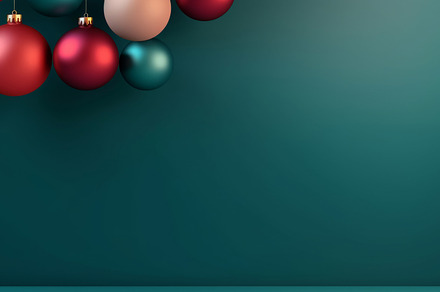 Christmas red and green matte ornaments on teal green background, a Photo by Dvoevnore photos