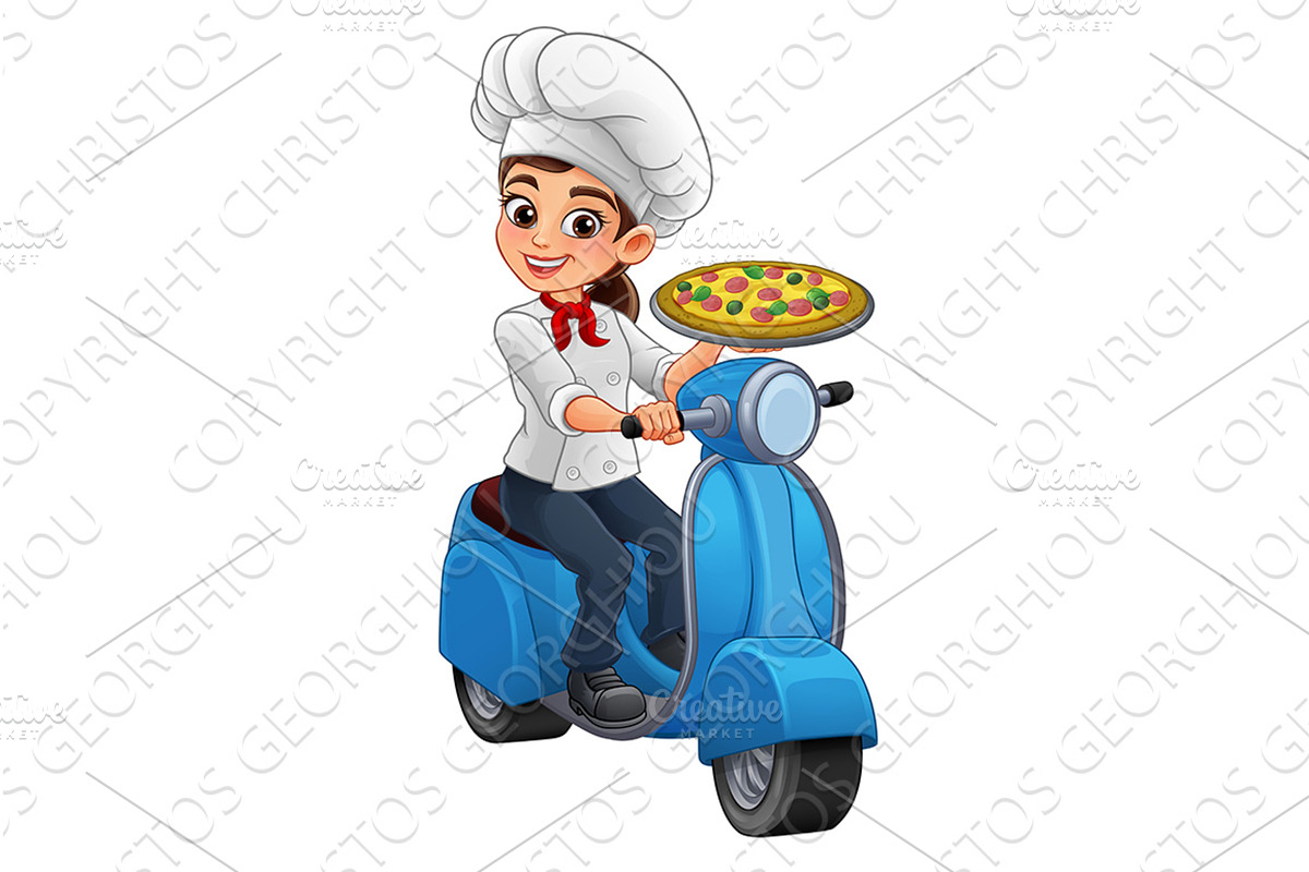 Female Woman Chef Pizza Delivery, a Food Illustration by Christos Georghiou