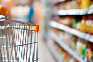 Blurred supermarket aisle with cart, a Food & Drink Photo by MistyDay
