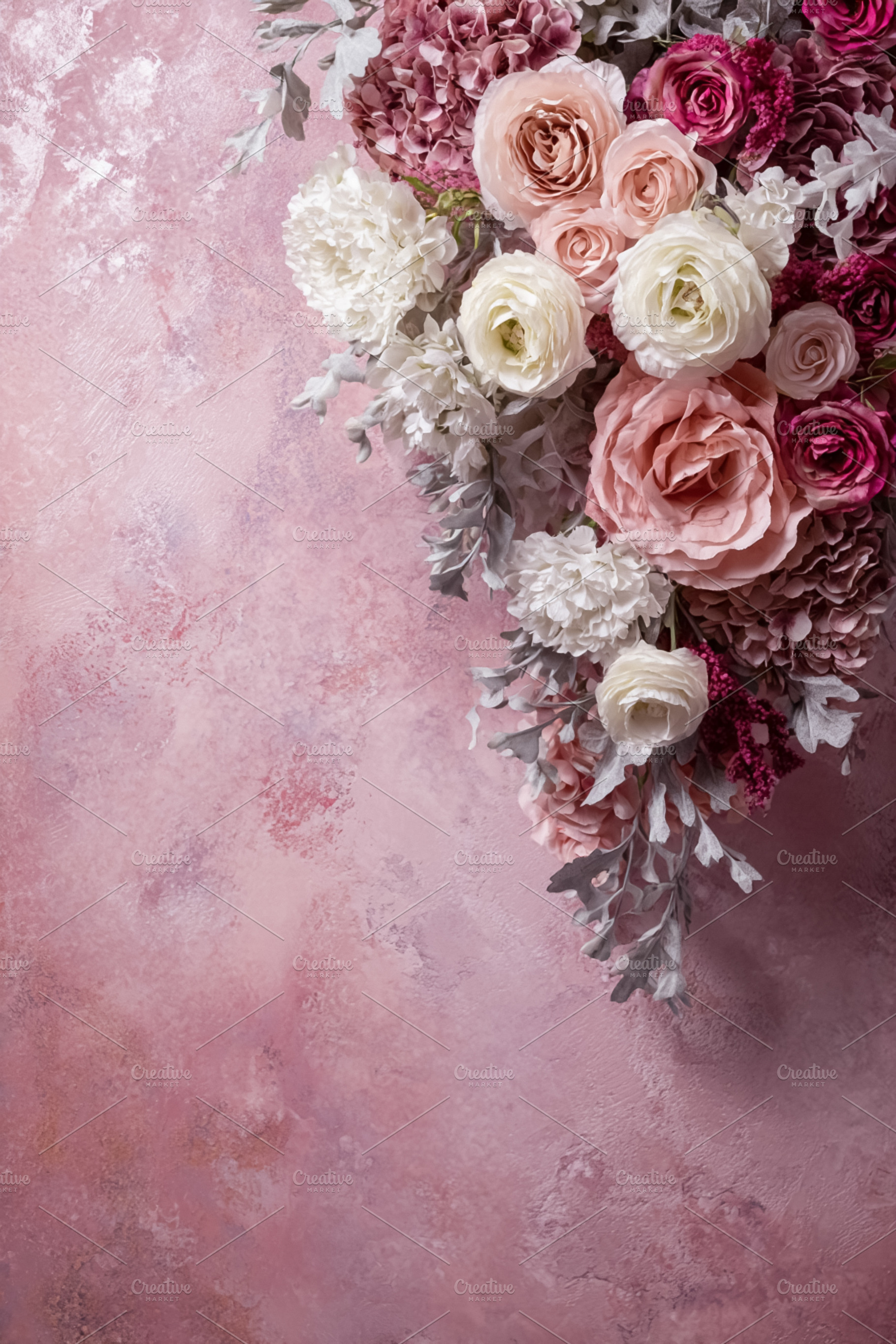 Romantic floral arrangement with pink and white blooms on a text, a Photo by Studio ANNA