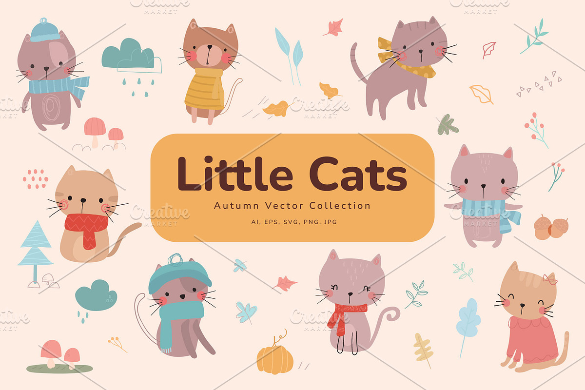 Little cats autumn vector set, a Background Graphic by Vectorwins Premium Shop