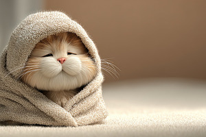 Cute fluffy cat with orange and white fur snuggled in a soft bei, an Animal Photo by Ales Munt