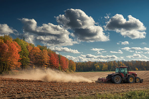Tractor plowing a dusty field, a Photo by Pavel_design