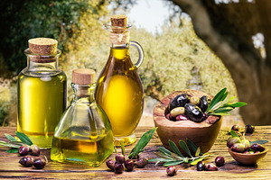 Ripe natural olives with bottles, a Food & Drink Photo by Volff