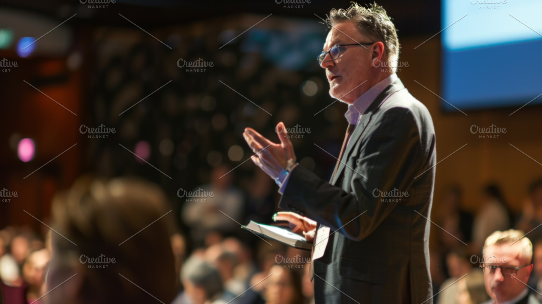 Speaker addressing audience at business conference, an Abstract Photo by Natalia Klenova's Shop