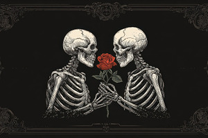 Skeletons hold a rose in dark scene, a Photo by Beautiful things
