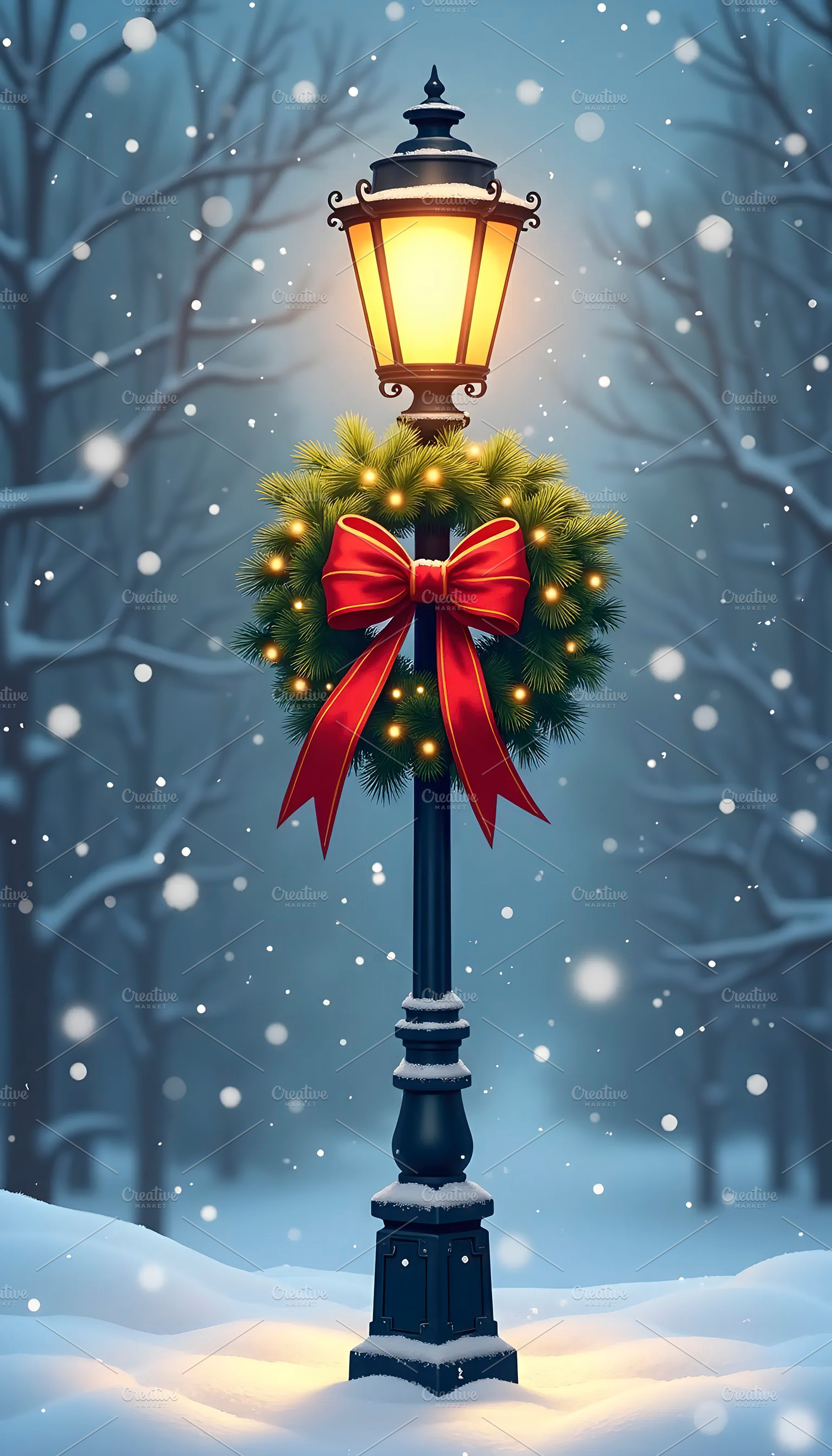Festive Winter Lamppost Adorned with, a Photo by LOGOCREATIVE