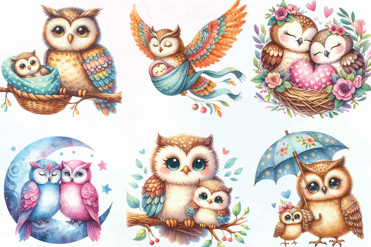 Cute Mom & Bub Owls Clipart, an Illustration by CraftArtStudio (Photo 2 of 6)