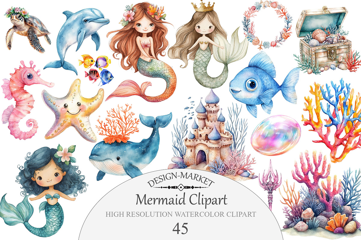 Watercolor Mermaid Clipart, an Illustration by Design Market (Photo 1 of 5)