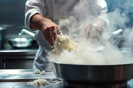 A chef skillfully combines ingredien, a Photo by Tanuart