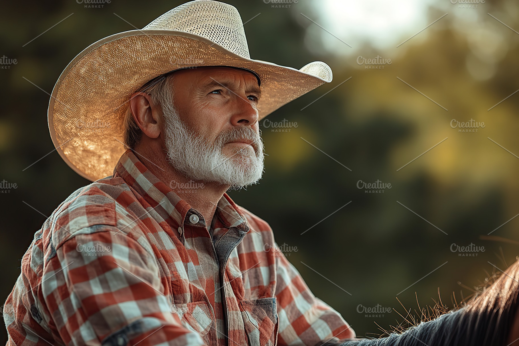 Mature cowboy in a plaid shirt and wide-brimmed hat reflecting on a quiet ranch, a Person Photo by AlyaAnd