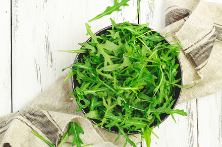 Fresh green arugula in rustic ceramic bowl on white kitchen tabl, a Food & Drink Photo by 5PH