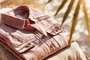 Fashion label mockup on elegantly folded shirt in a sunlit setting, a Beauty & Fashion Photo by AlyaAnd