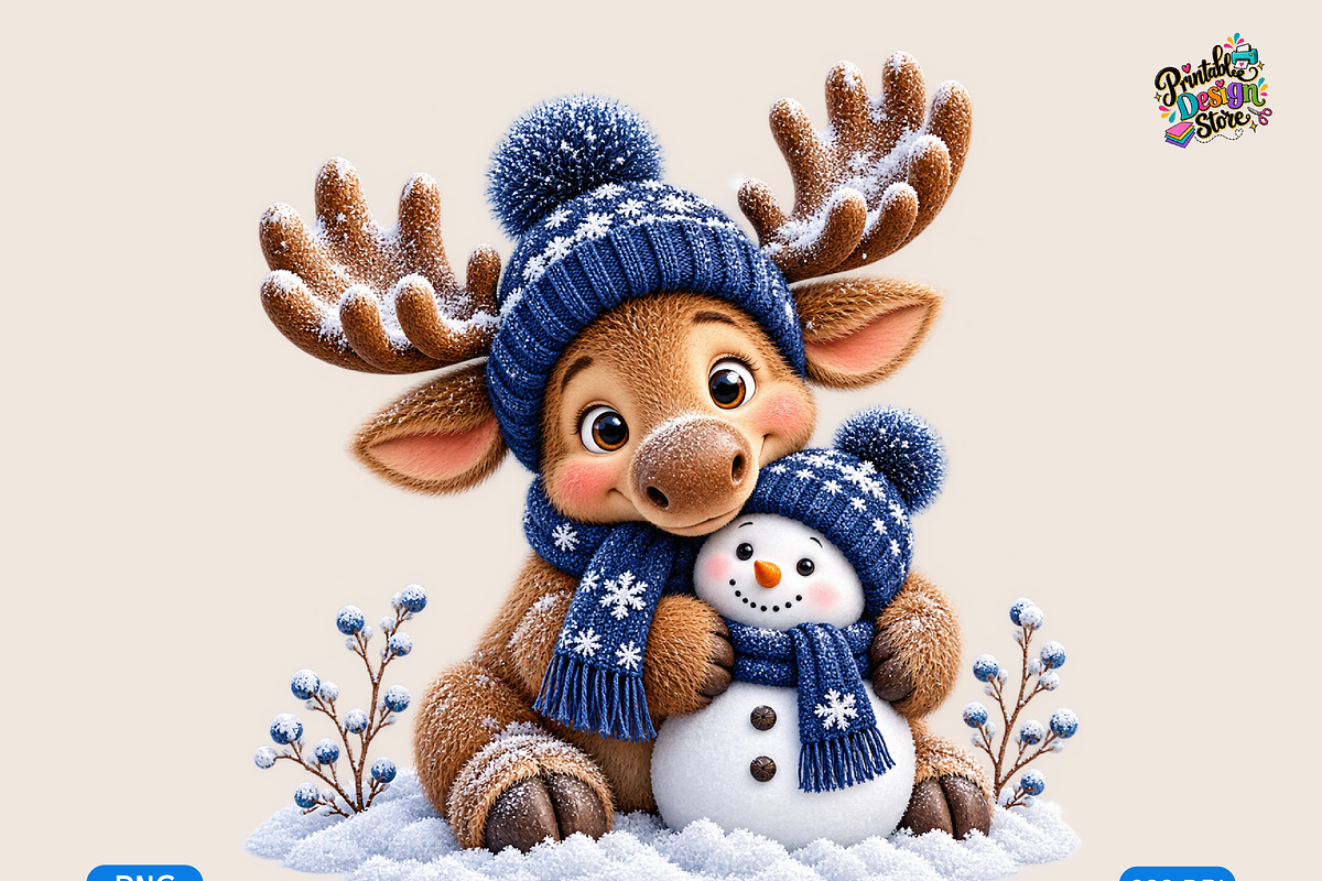 Snowy Reindeer Hugging Snowman, a Seasonal Illustration by Printable Design Store (Photo 1 of 3)