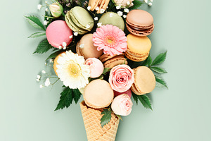 Floral and Macaron Ice Cream Cone on Pastel Green, a Holiday Photo by Natalia Klenova's Shop