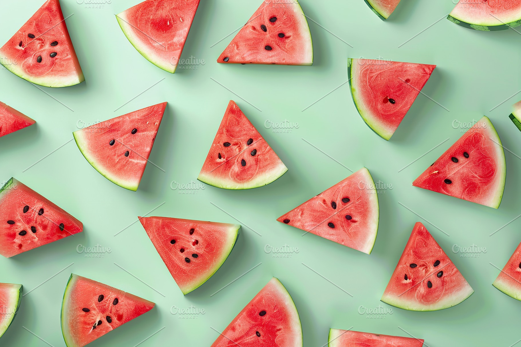 Pattern of fresh watermelon slices on green background, a Food & Drink Photo by AlyaAnd