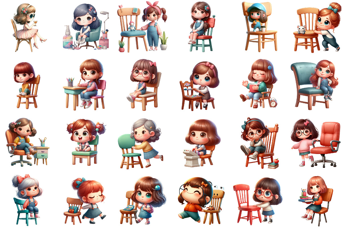 Quirky Girl with Chair Clipart Bundl, an Illustration by Sublimation Artist (Photo 2 of 6)