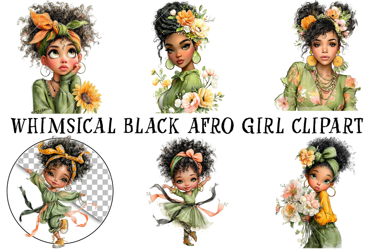 Whimsical Black Afro Girl Clipart, an Illustration by OK Design (Photo 2 of 6)